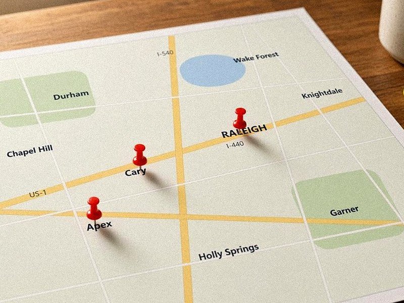Map of the Triangle with local search pins marking the plan