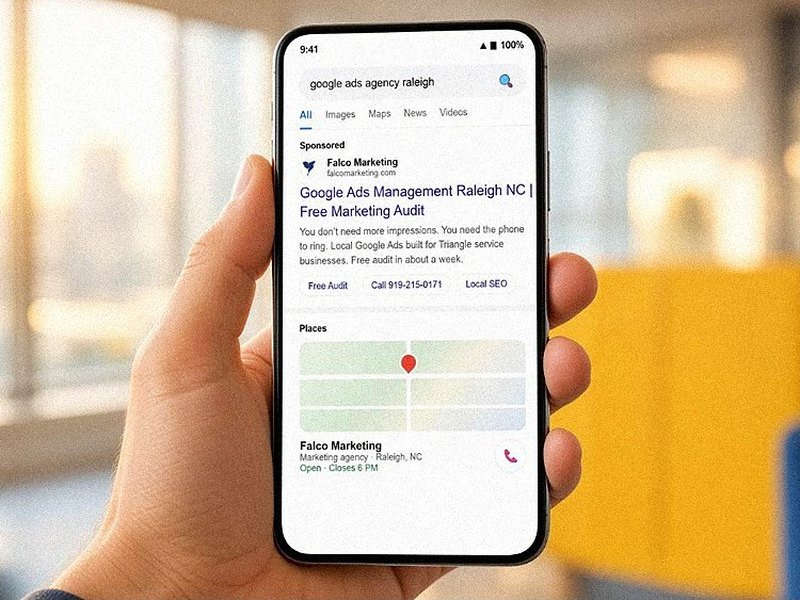 Sponsored Google search result for Falco Marketing on a phone
