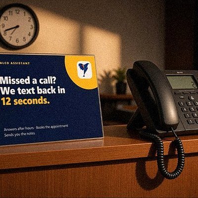 Falco Assistant counter card beside a ringing desk phone